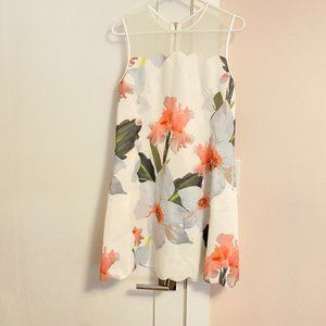 Ted Baker Dress Knee Length White Pink Blue Floral Print Size M Scalloped Hem